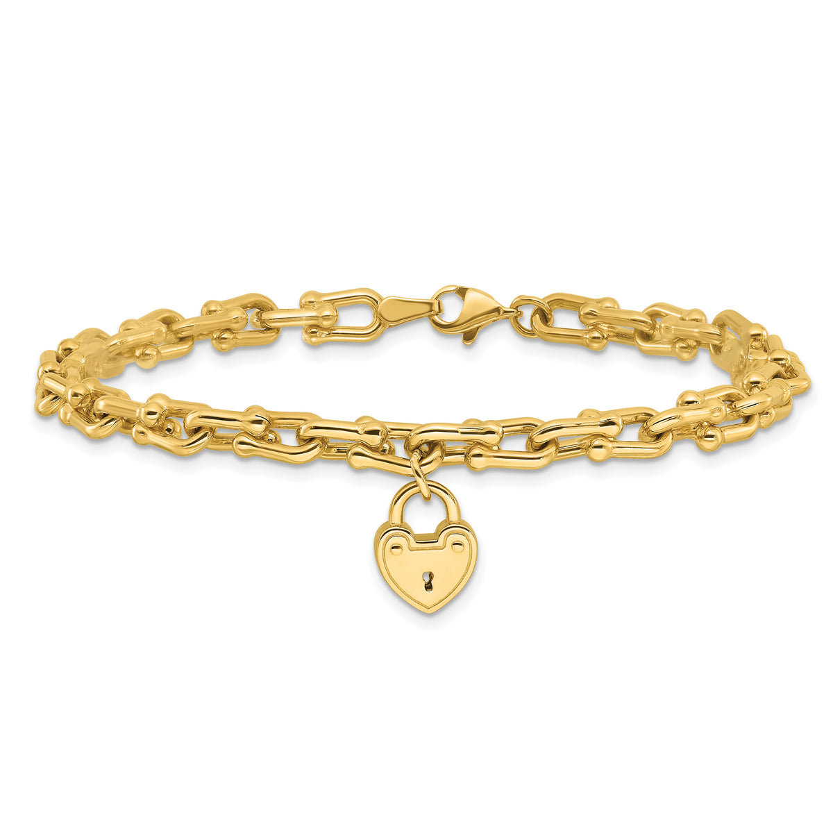 14K Polished Heart Lock Charm Link Bracelet-FB1985-7.5