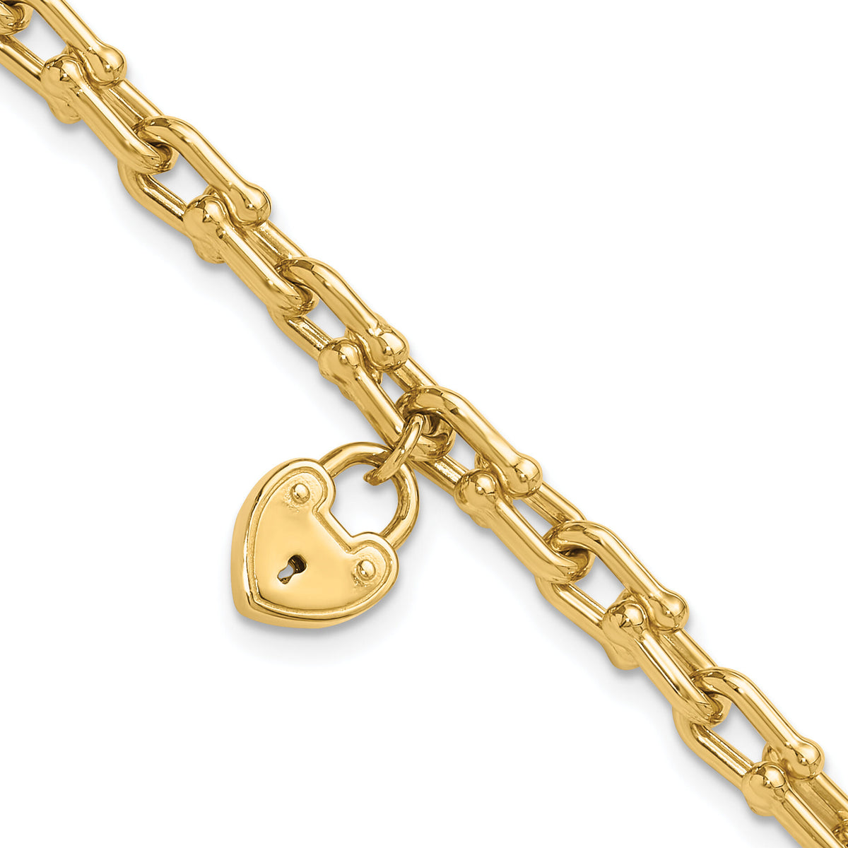 14K Polished Heart Lock Charm Link Bracelet-FB1985-7.5