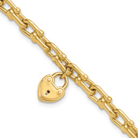 14K Polished Heart Lock Charm Link Bracelet-FB1985-7.5
