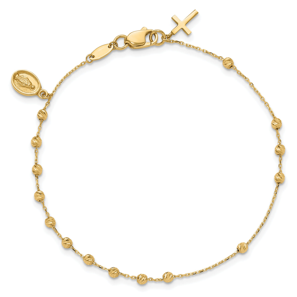 14K Polished and Diamond-cut Miraculous Medal and Cross Rosary Design Brace-FB1987-7.5