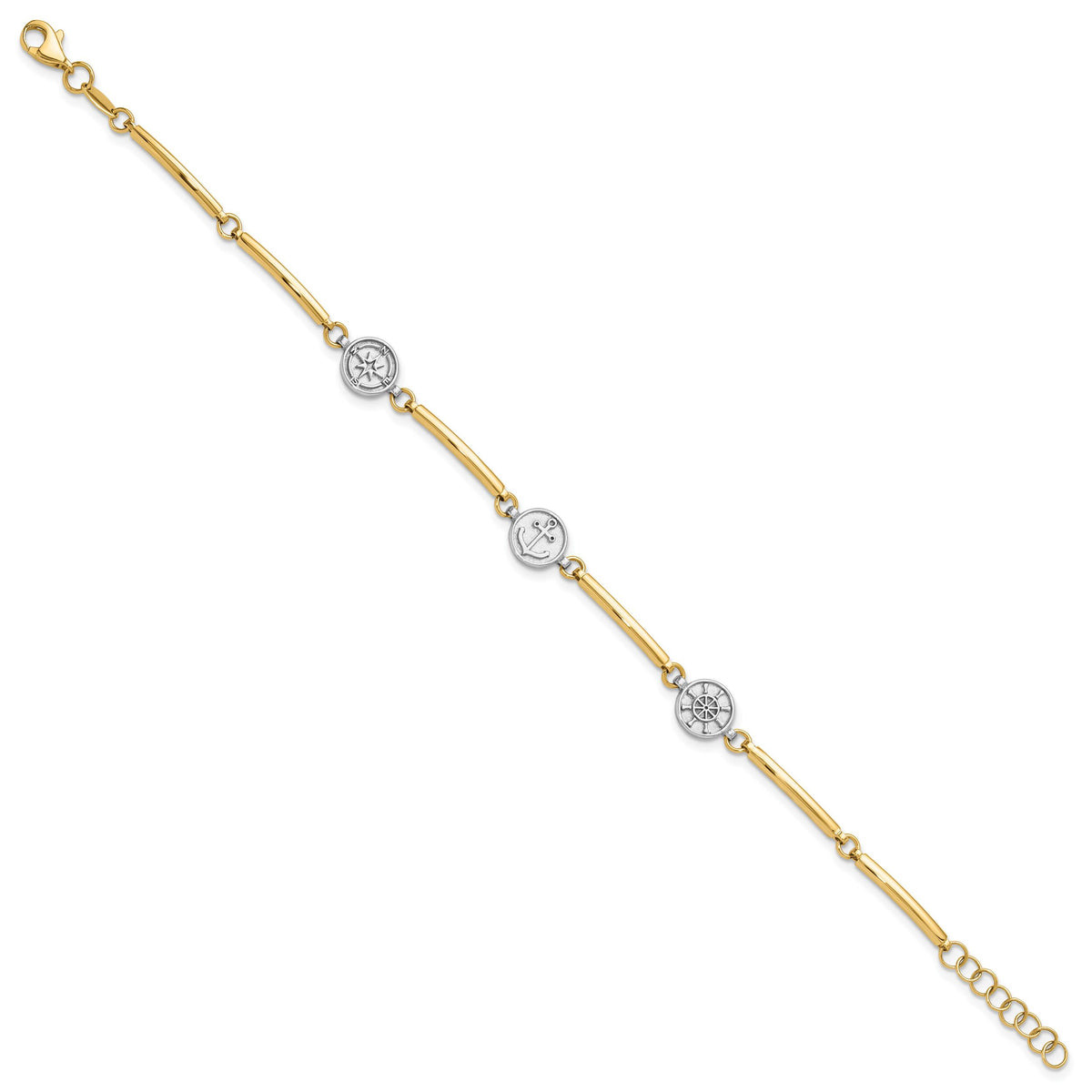 14K Two-tone Polished Compass and Anchor w/ 1in ext. Bracelet-FB1990-7