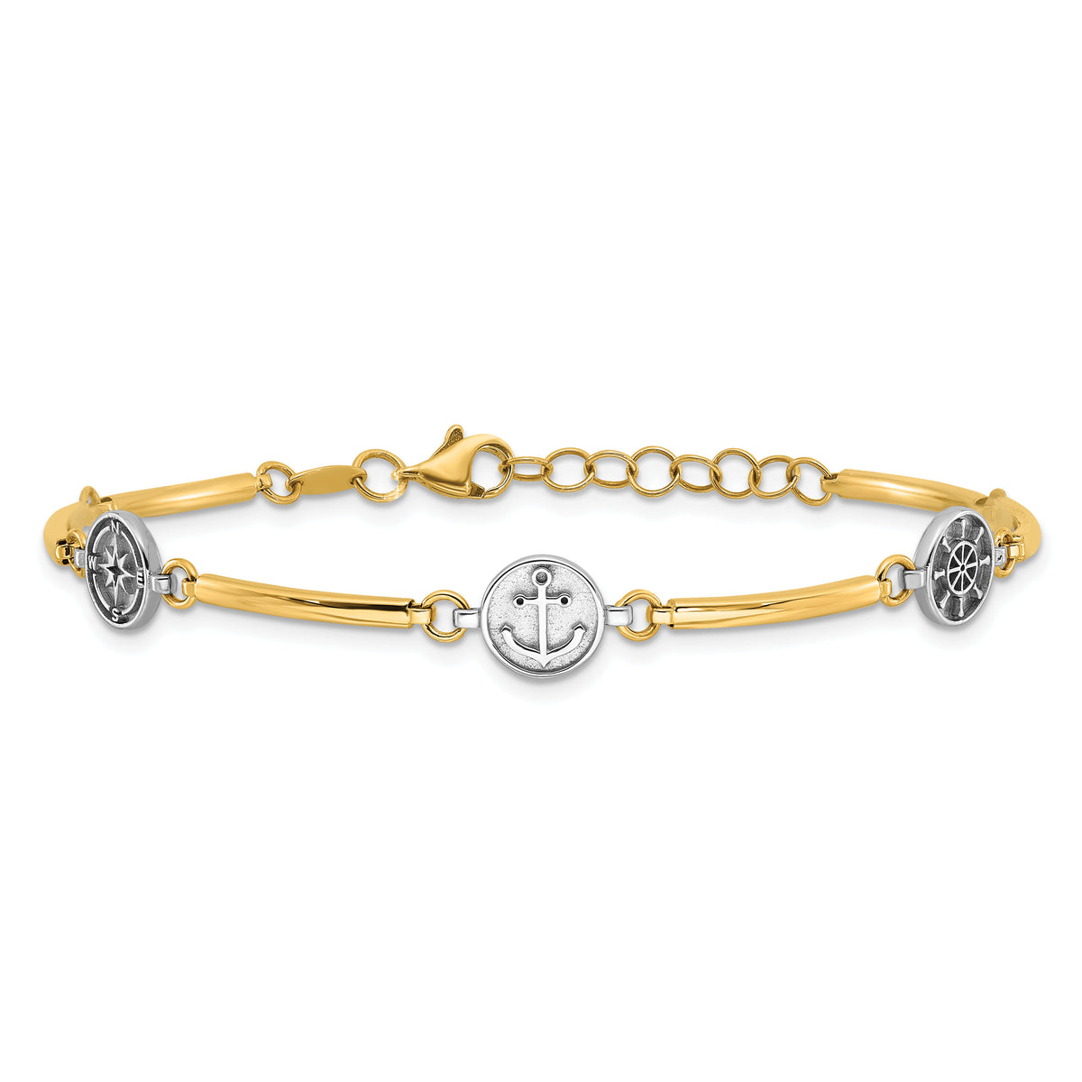 14K Two-tone Polished Compass and Anchor w/ 1in ext. Bracelet-FB1990-7