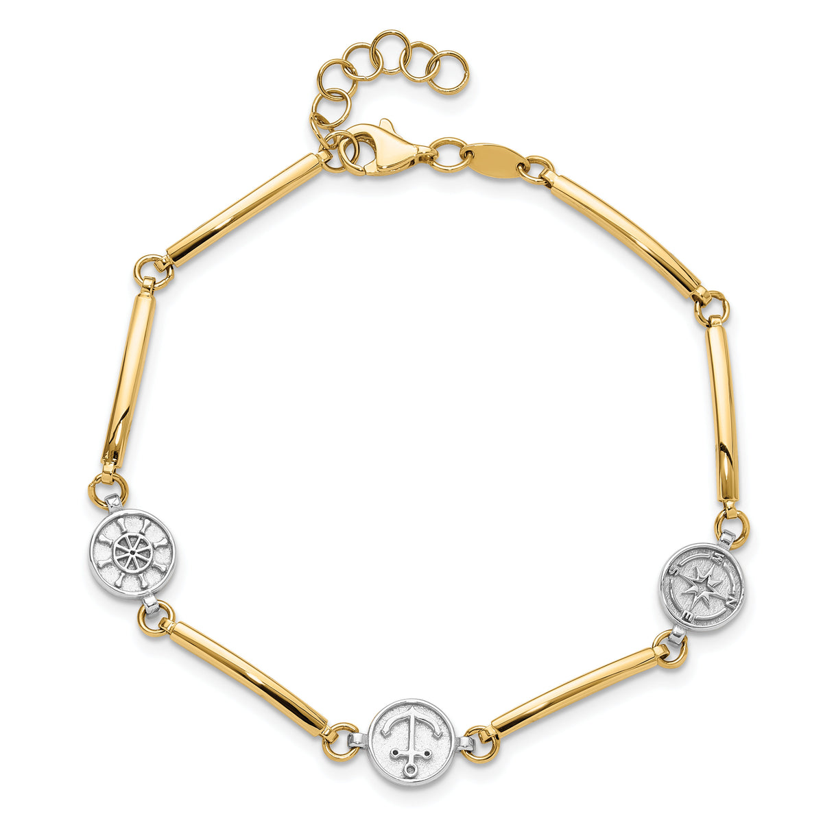 14K Two-tone Polished Compass and Anchor w/ 1in ext. Bracelet-FB1990-7
