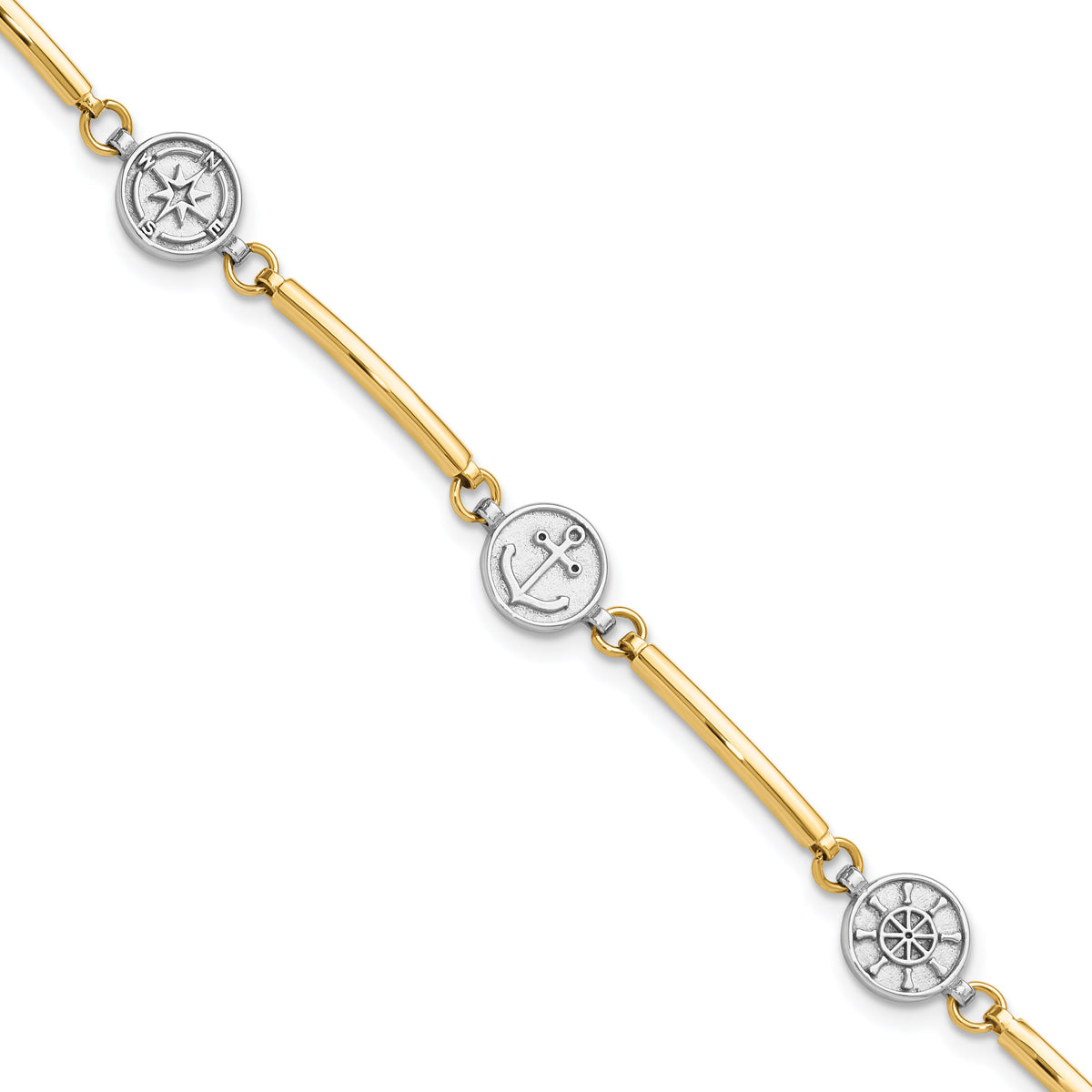 14K Two-tone Polished Compass and Anchor w/ 1in ext. Bracelet-FB1990-7