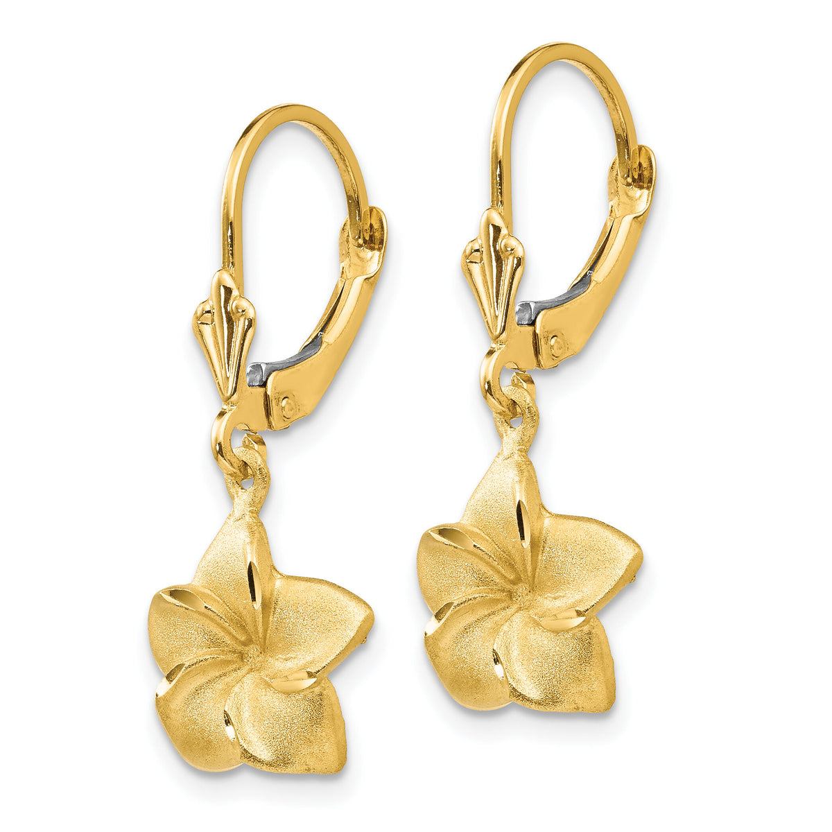 14k Satin & Diamond-Cut Plumeria Dangle Leverback Earrings-FB561E