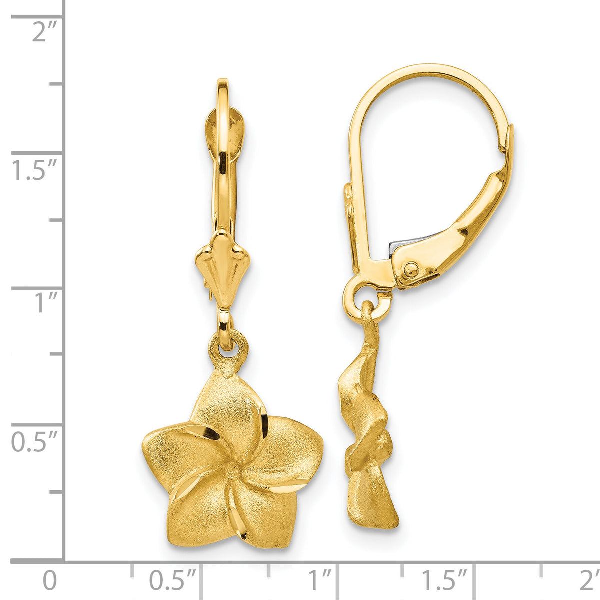 14k Satin & Diamond-Cut Plumeria Dangle Leverback Earrings-FB561E