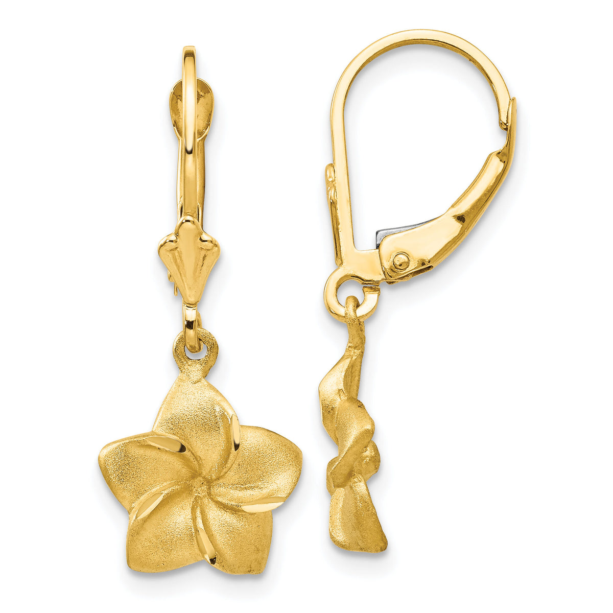 14k Satin & Diamond-Cut Plumeria Dangle Leverback Earrings-FB561E