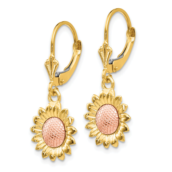 14k Two-tone Polished Sunflower Dangle Leverback Earrings-FB577E
