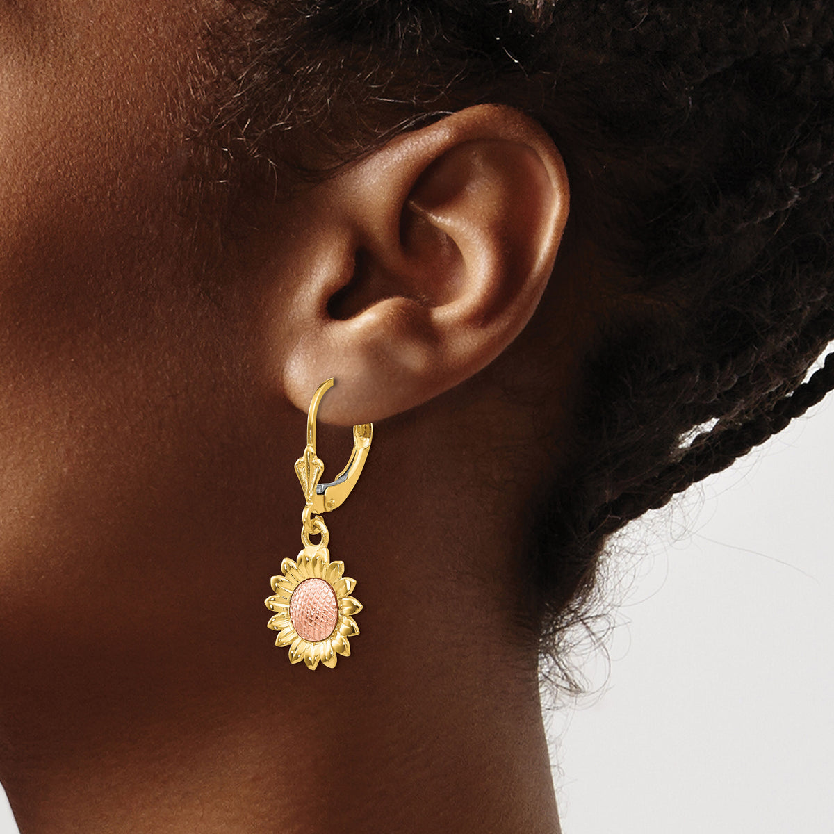 14k Two-tone Polished Sunflower Dangle Leverback Earrings-FB577E