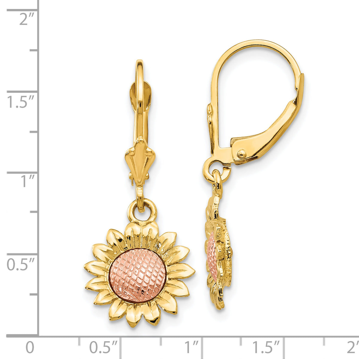 14k Two-tone Polished Sunflower Dangle Leverback Earrings-FB577E