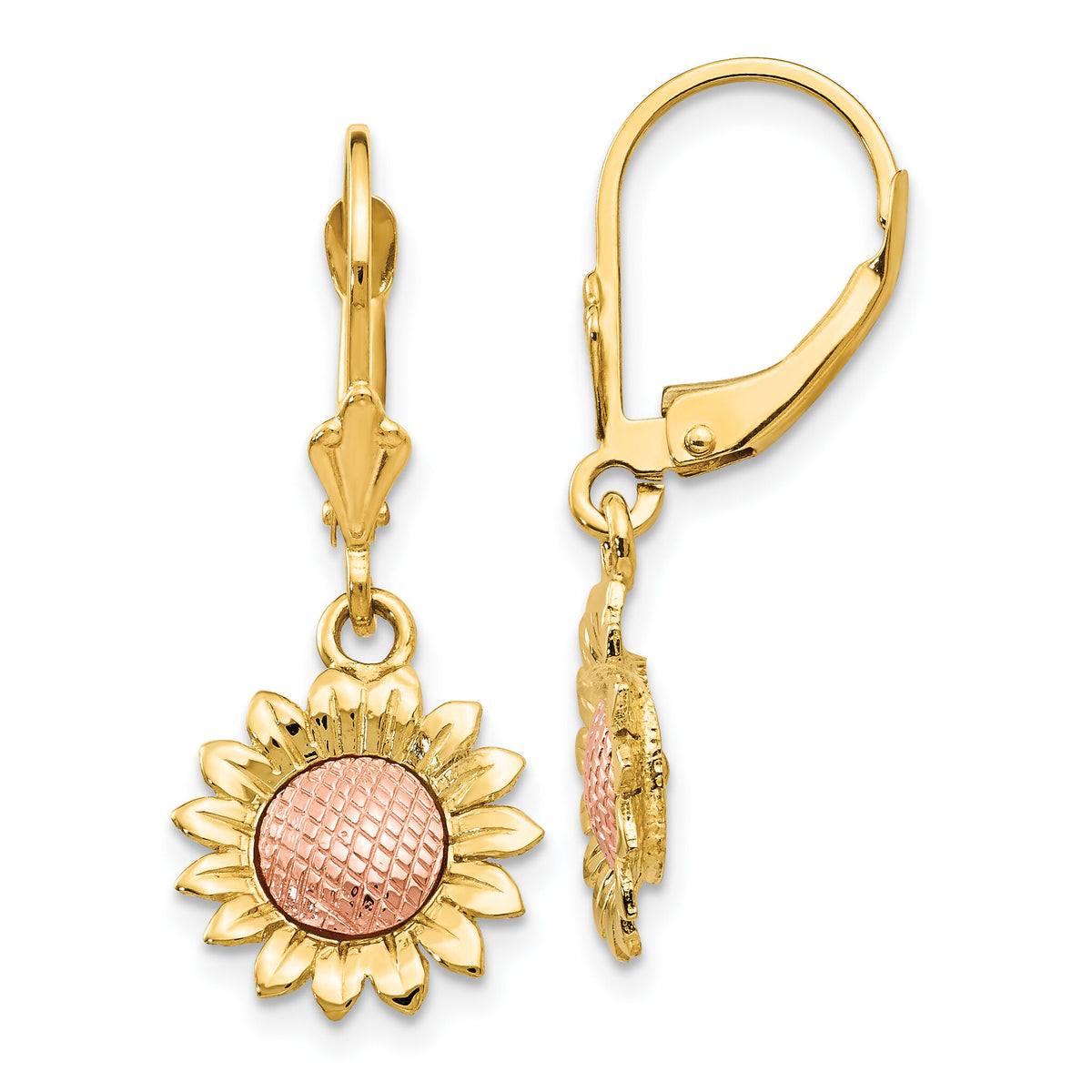 14k Two-tone Polished Sunflower Dangle Leverback Earrings-FB577E