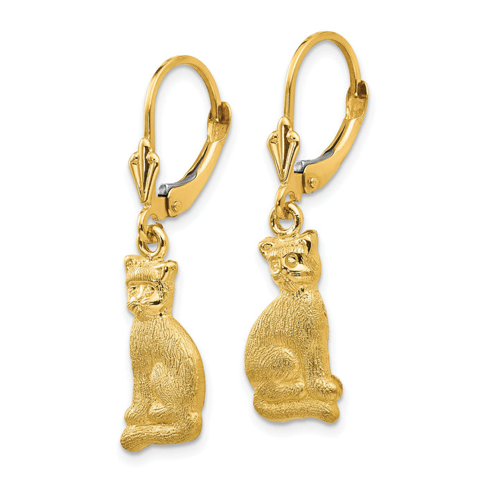 14k Satin Cat Dangle Leverback Earrings-FB586E