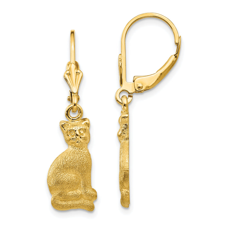 14k Satin Cat Dangle Leverback Earrings-FB586E