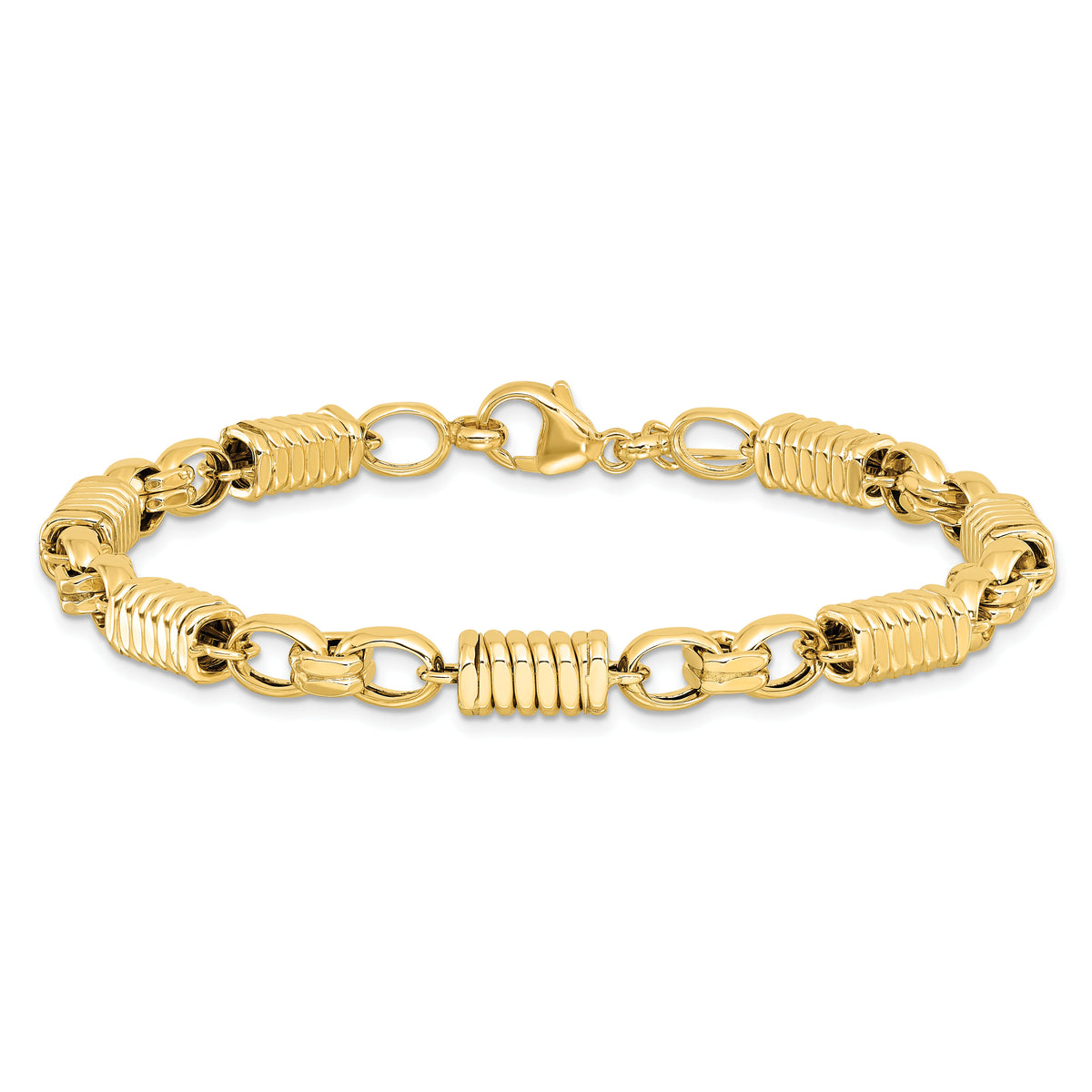 14k Polished and Grooved Fancy Link Men's Bracelet-GB284-8.5