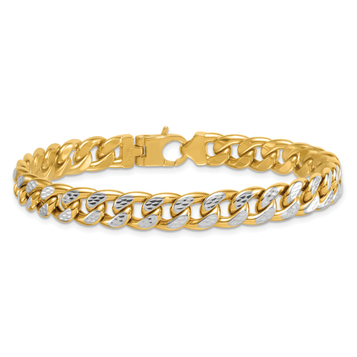 14k w/White Rhodium Pave Flat Curb Chain 8.5mm Men's Bracelet-GB308-8.5