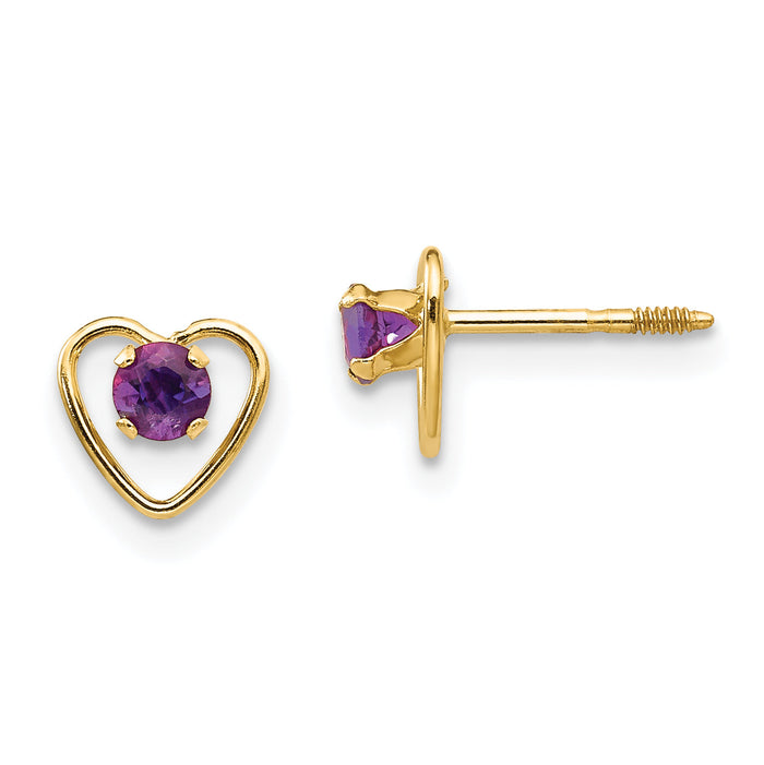 14k Madi K 3mm Genuine Amethyst Birthstone Heart Earrings-GK101
