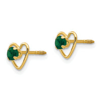 14k Madi K 3mm Created Emerald Birthstone Heart Earrings-GK104