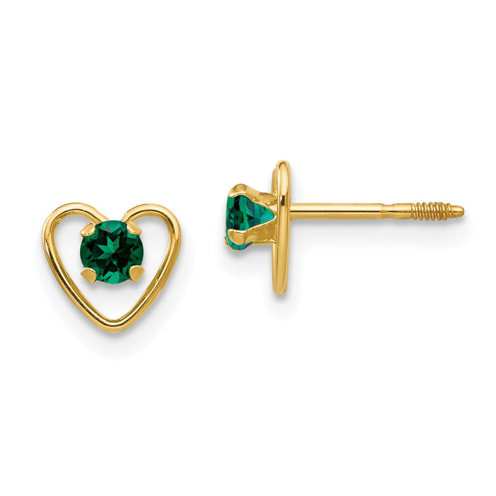 14k Madi K 3mm Created Emerald Birthstone Heart Earrings-GK104