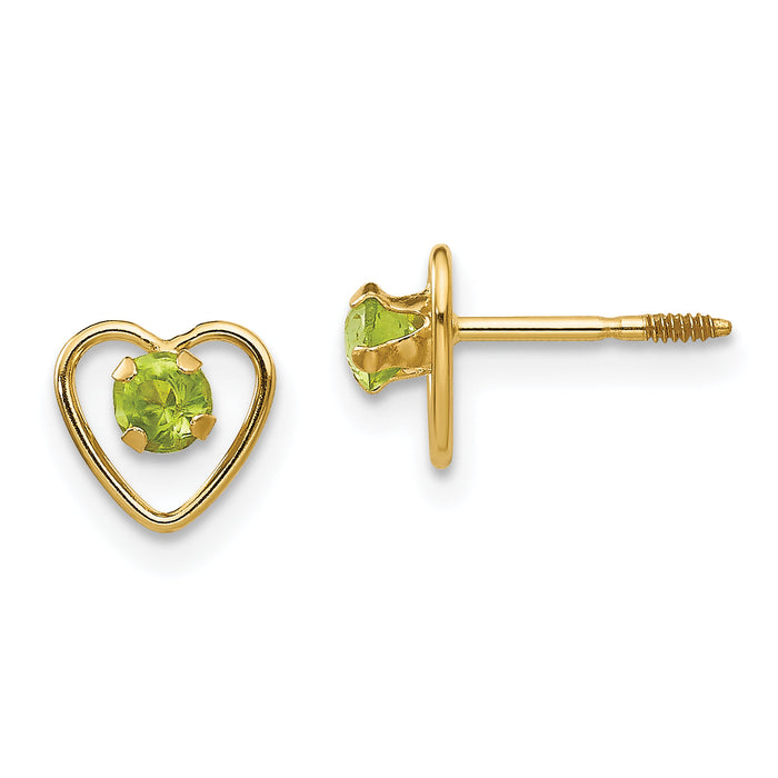 14k Madi K 3mm Genuine Peridot Birthstone Heart Earrings-GK107