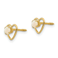 14k Madi K 3mm Imitation Opal Birthstone Heart Earrings-GK109