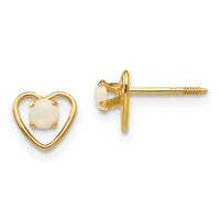 14k Madi K 3mm Imitation Opal Birthstone Heart Earrings-GK109