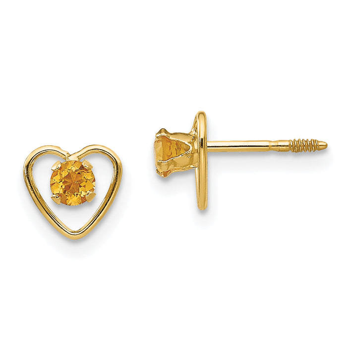 14k Madi K 3mm Genuine Citrine Birthstone Heart Earrings-GK110