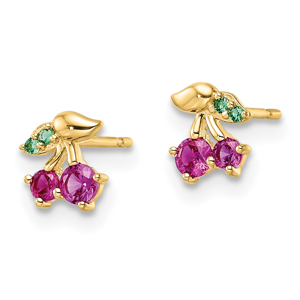 14k Madi K Red CZ & Green Glass Cherry Post Earrings-GK1142