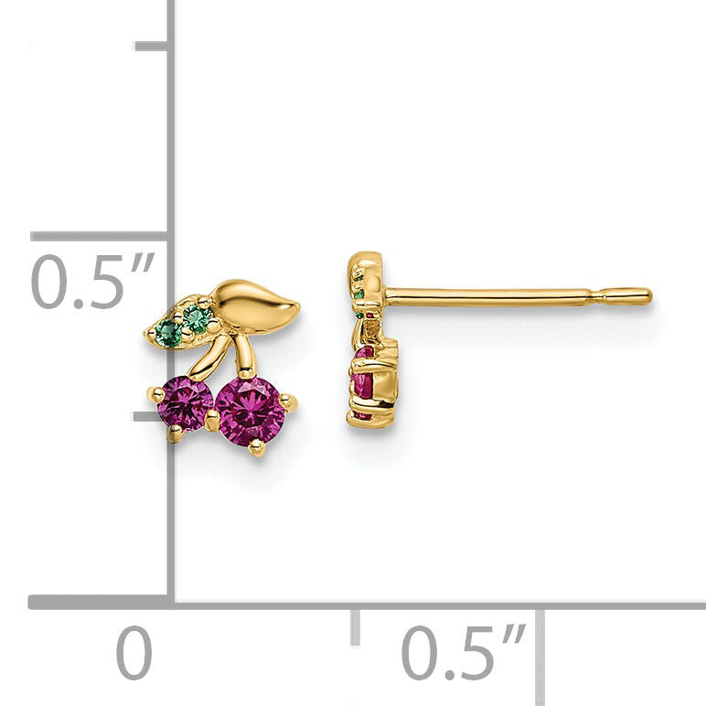 14k Madi K Red CZ & Green Glass Cherry Post Earrings-GK1142