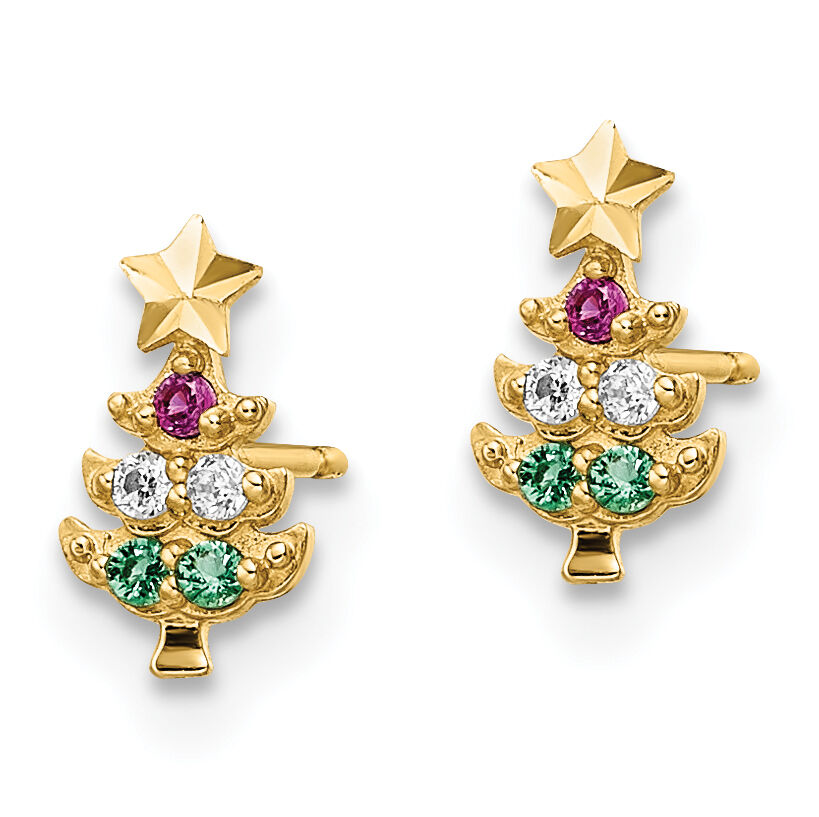 14k Madi K Red & Clear CZ & Green Glass Christmas Tree Post Earrings-GK1145