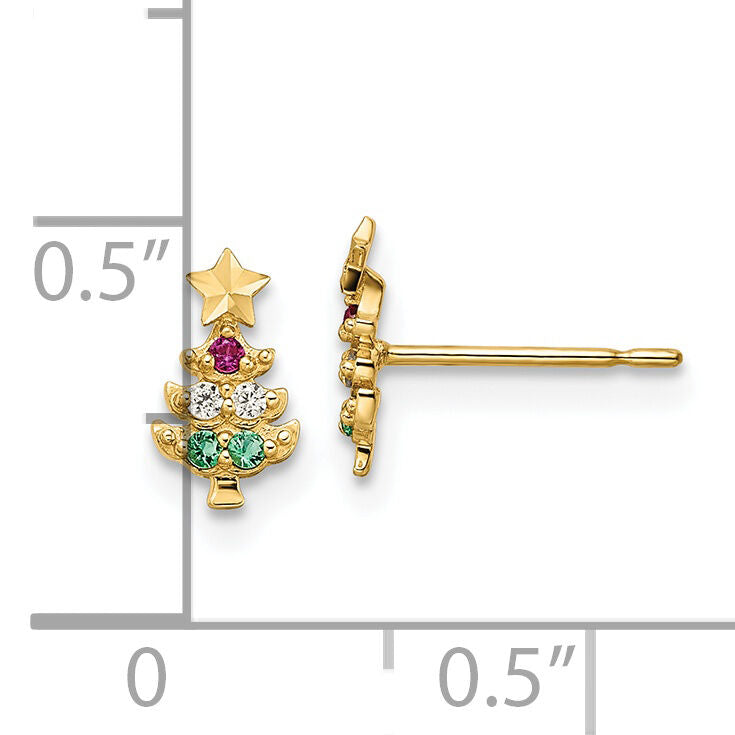 14k Madi K Red & Clear CZ & Green Glass Christmas Tree Post Earrings-GK1145