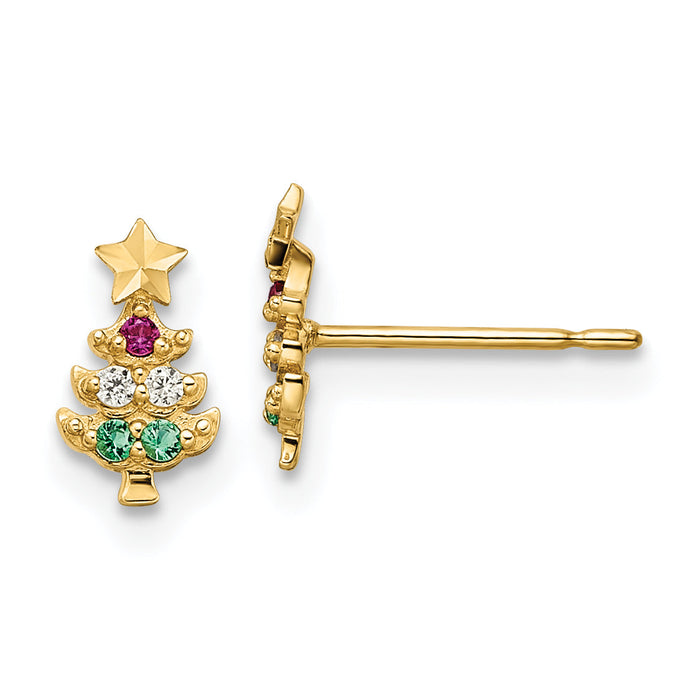 14k Madi K Red & Clear CZ & Green Glass Christmas Tree Post Earrings-GK1145