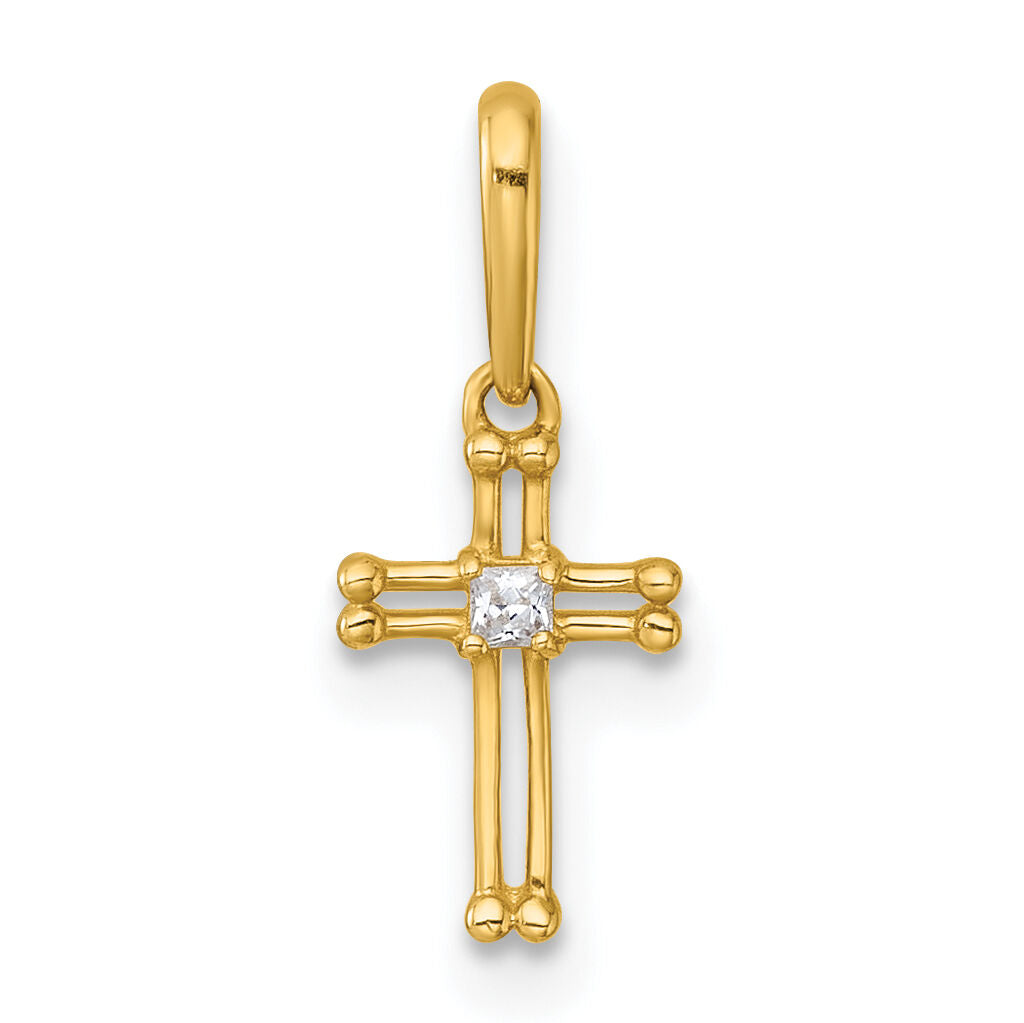 14k Madi K Polished and Beaded CZ Open Cross Pendant-GK1206