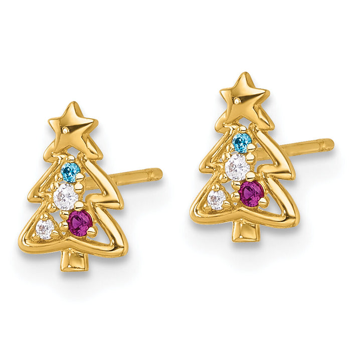 14k Madi K Polished Green Glass Red and CZ Christmas Tree Post earrings-GK1221