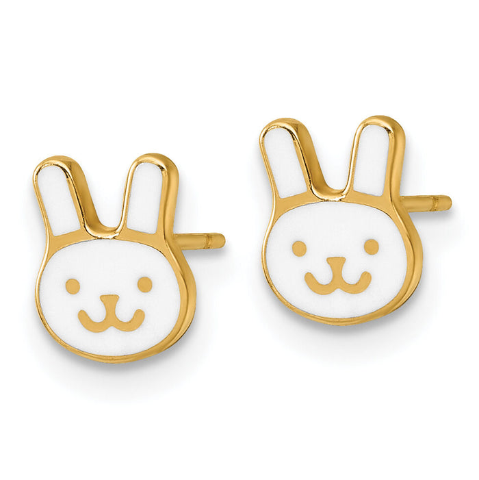 14k Madi K Polished White Enamel Bunny Face Post Earrings-GK1226