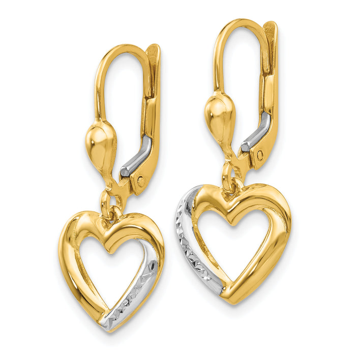 14K and Rhodium Textured and Polished Heart Leverback Earring-H1074