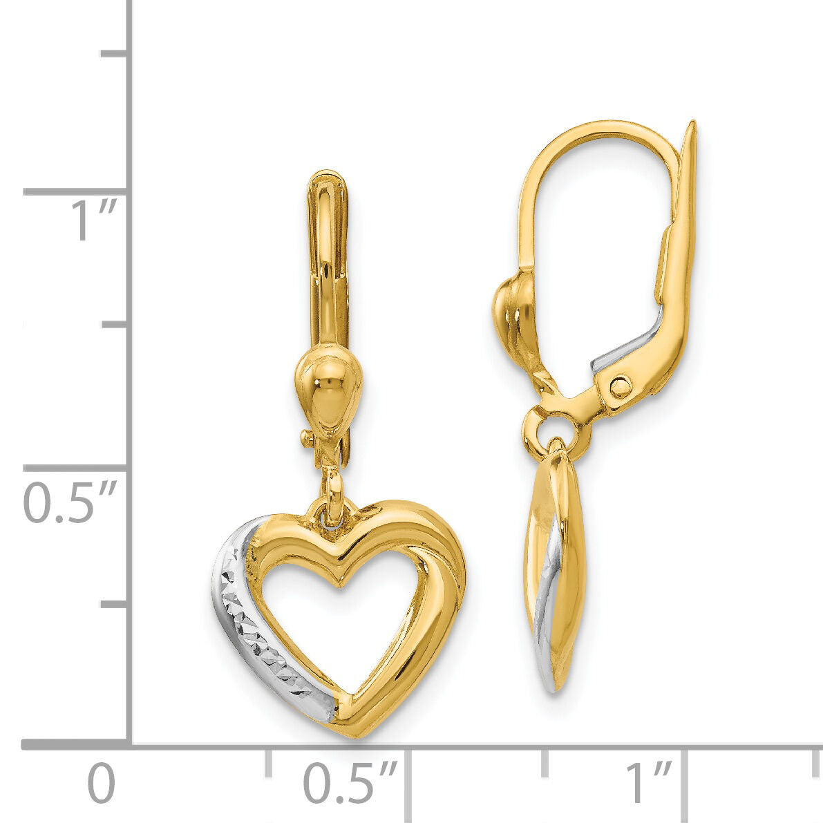 14K and Rhodium Textured and Polished Heart Leverback Earring-H1074