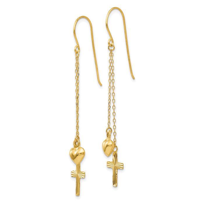 14K Ropa Chain Puffed Heart and Diamond Cut Cross Dangle Earrings-H1088