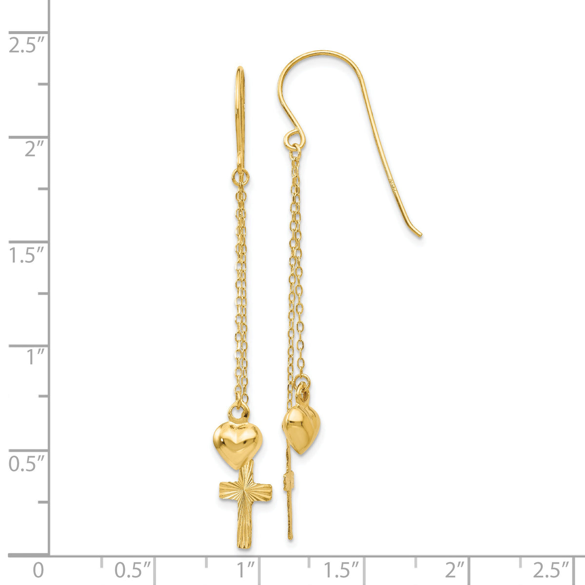 14K Ropa Chain Puffed Heart and Diamond Cut Cross Dangle Earrings-H1088