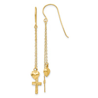 14K Ropa Chain Puffed Heart and Diamond Cut Cross Dangle Earrings-H1088