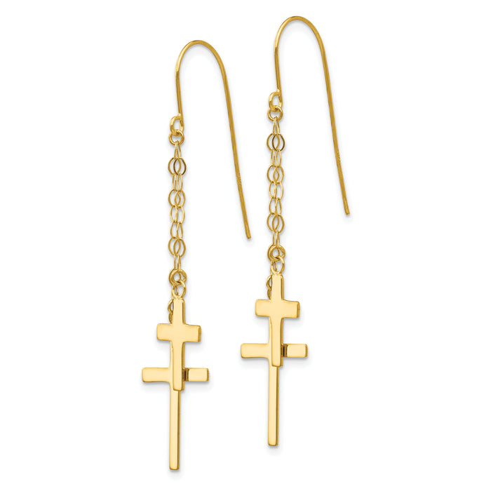 14K Chain Dangle Cross Shepherd Hook Earrings-H1089