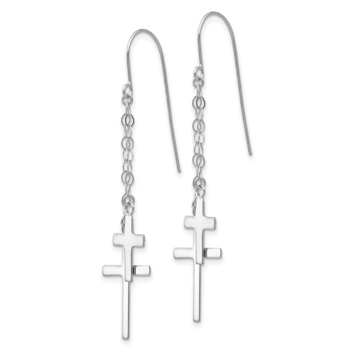 14K White Gold Chain Dangle Cross Shepherd Hook Earrings-H1090