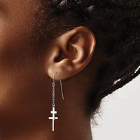 14K White Gold Chain Dangle Cross Shepherd Hook Earrings-H1090
