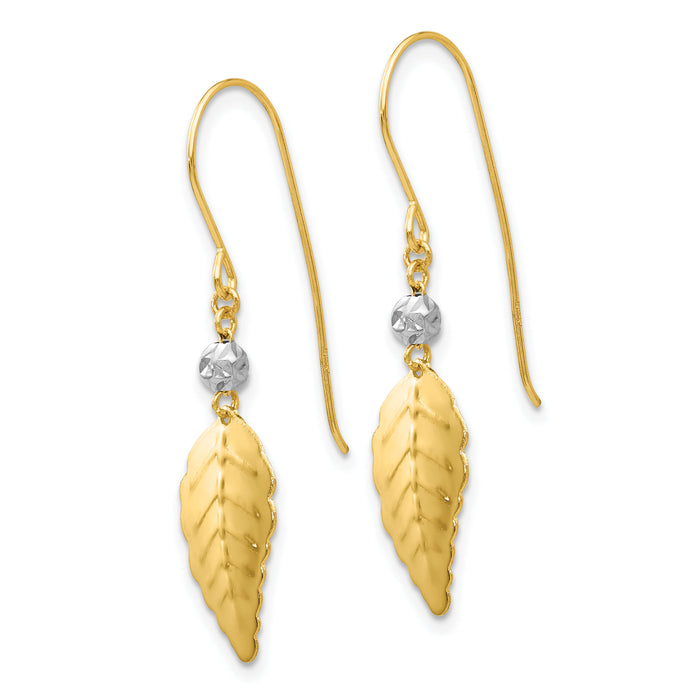 14K Two Tone Stamped Leaf Shepherd Hook Earrings-H1111