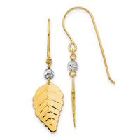 14K Two Tone Stamped Leaf Shepherd Hook Earrings-H1111