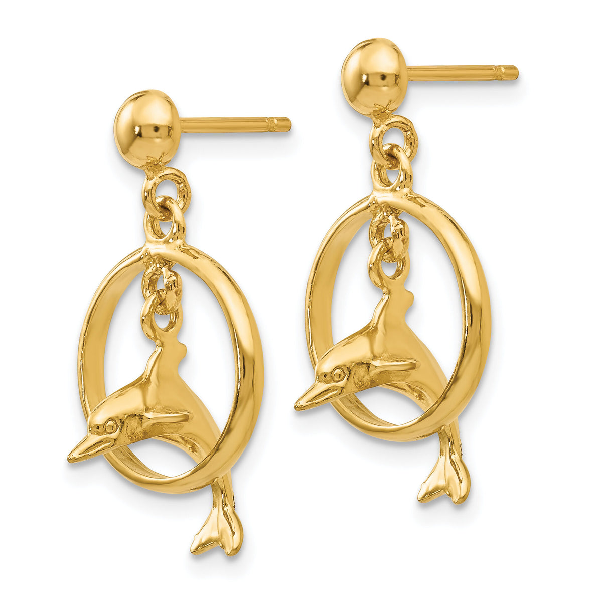 14K Polished 3-D Dolphin Jumping Through Hoop Dangle Earrings-H1132