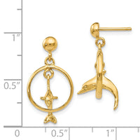 14K Polished 3-D Dolphin Jumping Through Hoop Dangle Earrings-H1132