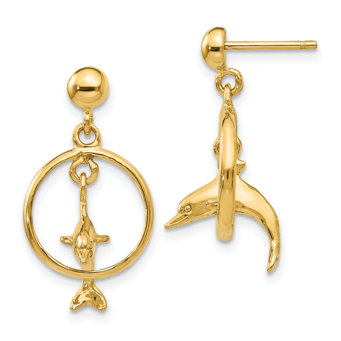 14K Polished 3-D Dolphin Jumping Through Hoop Dangle Earrings-H1132