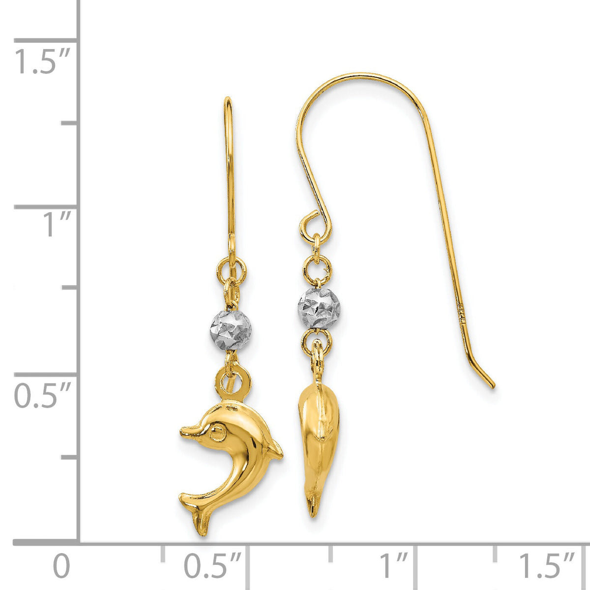 14K Two Toned Puffed Dolphin Shepherd Hook Earrings-H1133