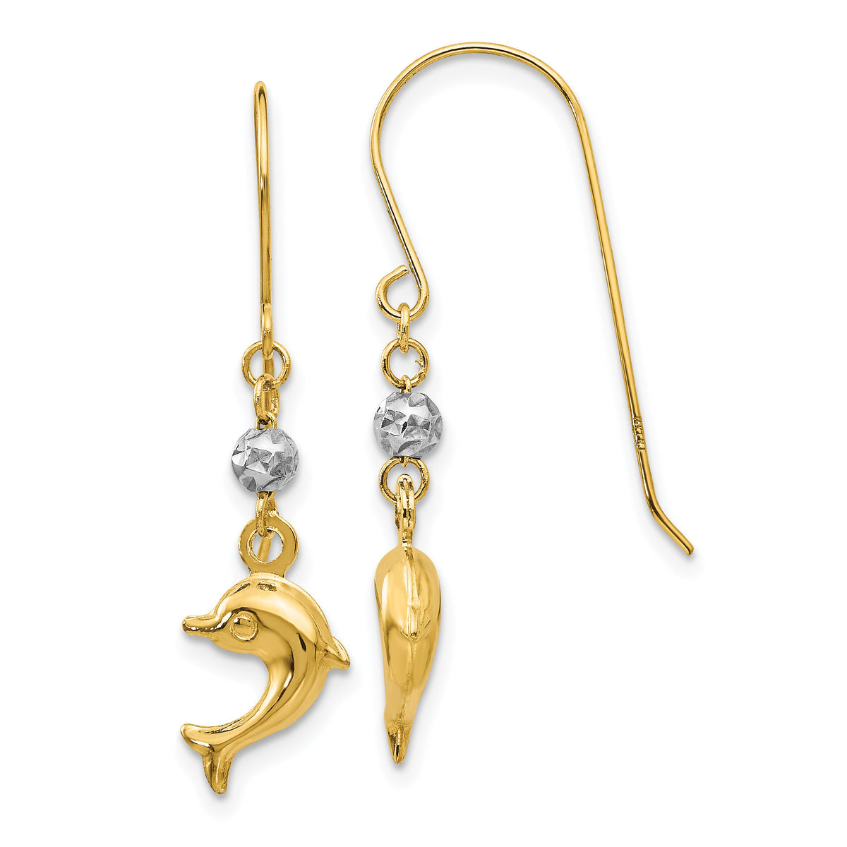 14K Two Toned Puffed Dolphin Shepherd Hook Earrings-H1133