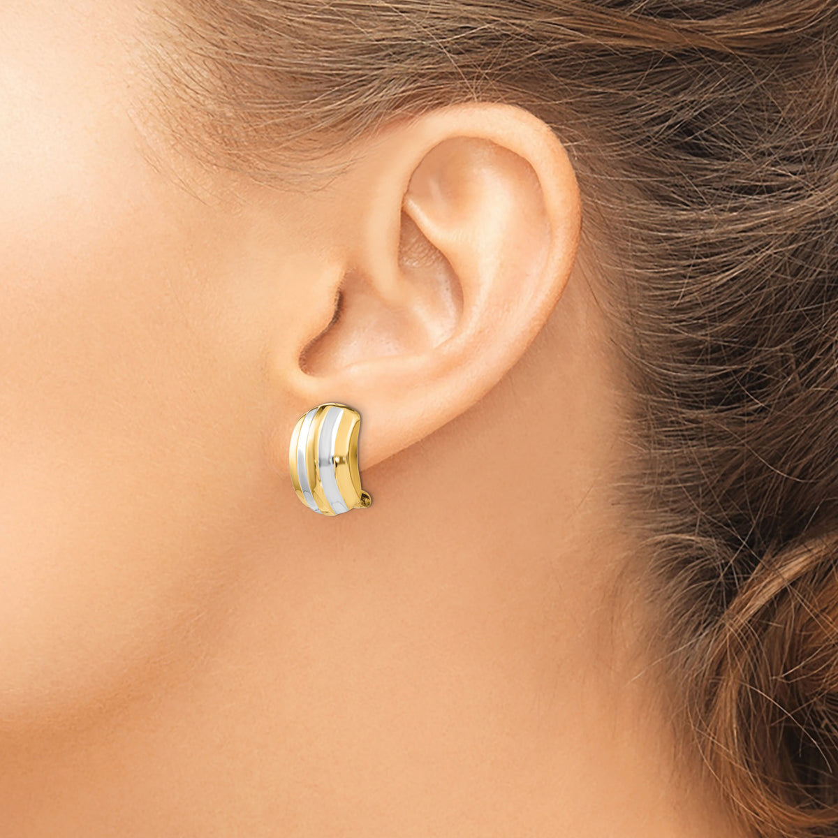 14k & Rhodium Ribbed Non-pierced Omega Back Earrings-H737